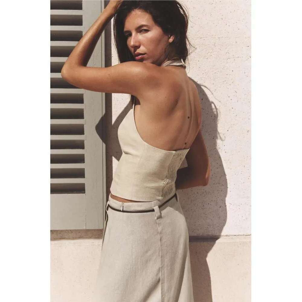 TRAF Womenskirt Belt 2 Backless V Neck Halter Tops With Button Long Skirts Two Piece Set Women Outfit