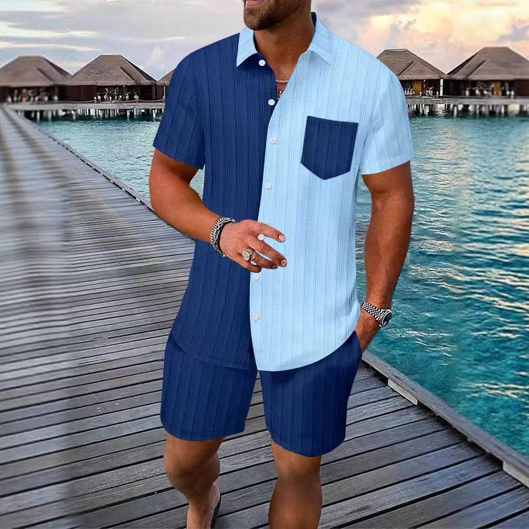 designer tracksuit 2025 new mens two piece Hawaiian jacquard color blocking pocket short sleeve shirt and shorts lapel shirt casual suit