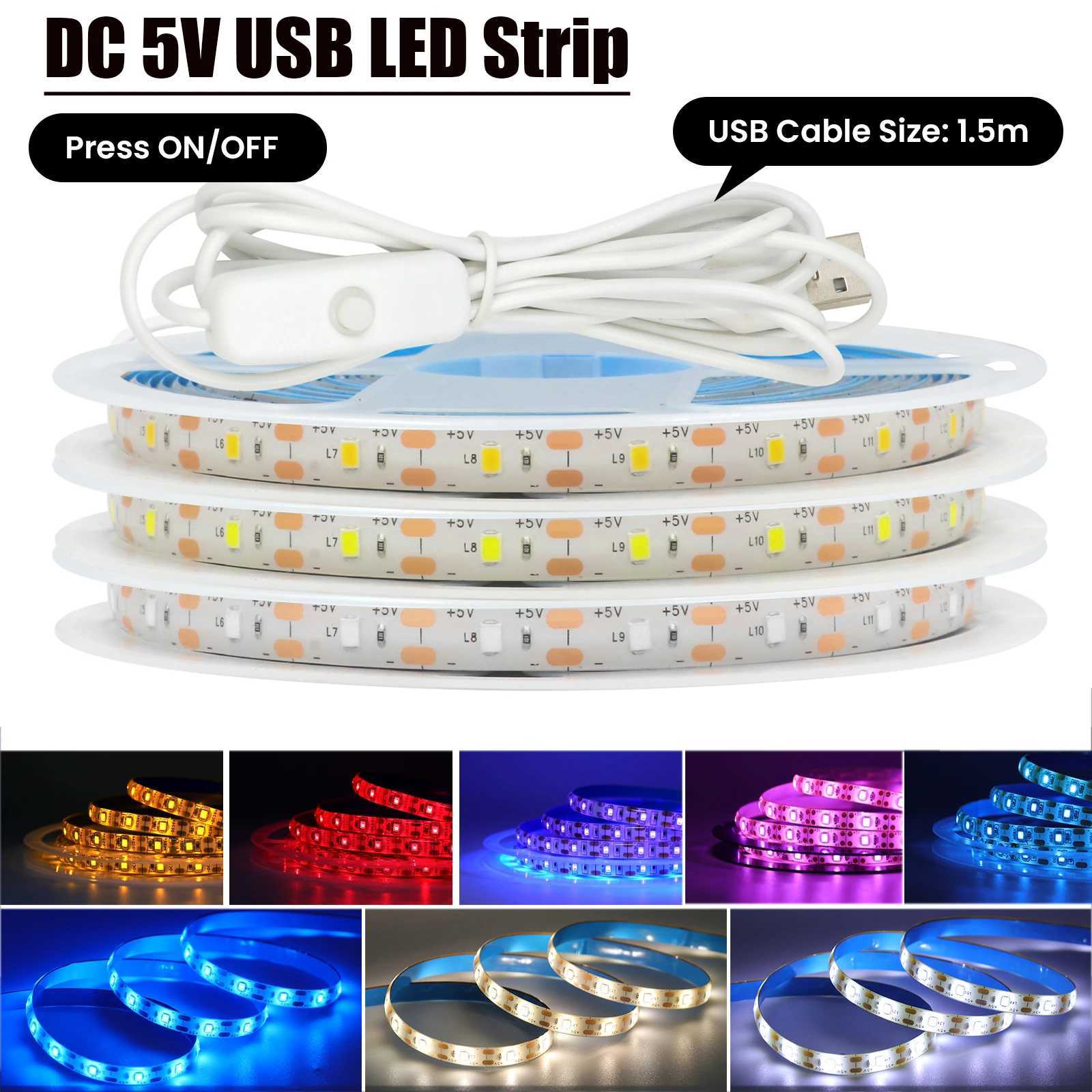 DC 5V USB LED Strip Pink/Yellow/White/Warm White/Red/Blue/Green Flexible Ribbon Tape Backlight 50CM 1M 2M 4M 5M W250526
