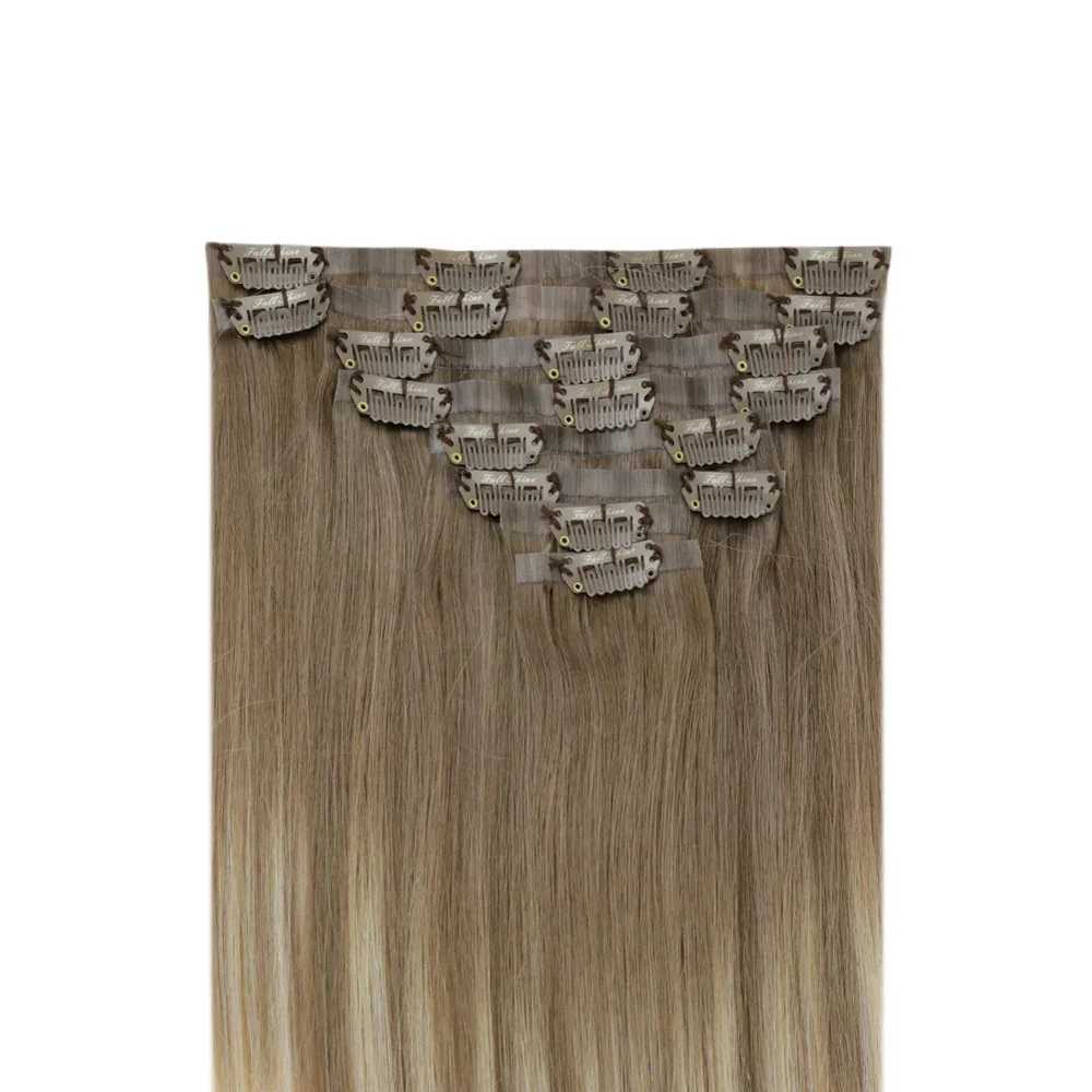 Full Shine Seamless Invisible Clip In Extensions Human Hair 8 Pcs 120g Remy Balayage Blonde Color S25526