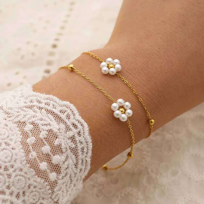 Stainless Steel Gold Color Flower Necklace For Women Elegant Imitation Pearl Handmade Beaded Necklaces Wedding Jewelry