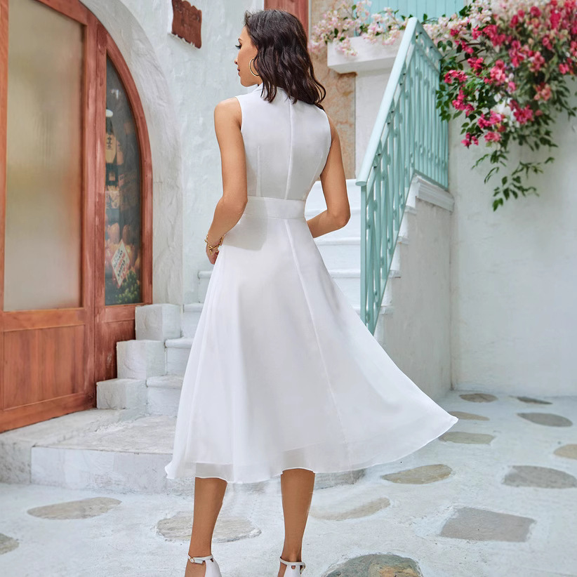 2025 Summer New Womens Fashion V-neck Sexy V-neck Solid Color Sleeveless Chiffon Dress for Women