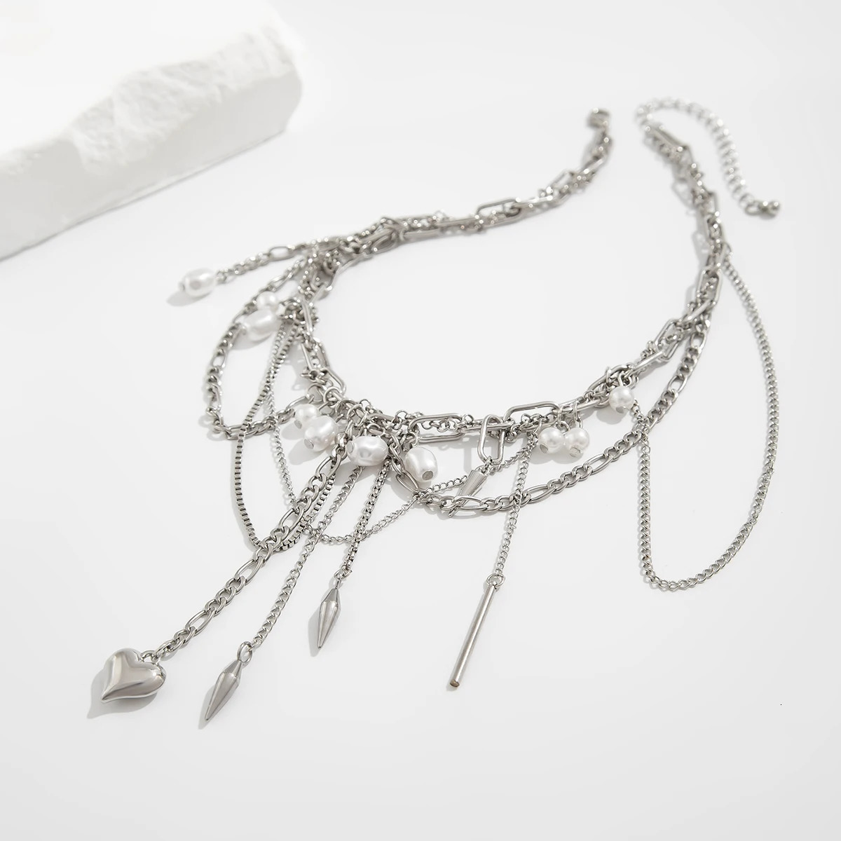 Ingemark Multilayer Tassel Love Heart Pendant Choker Necklace for Women Trend Punk Silver Color Metal Chain Party Jewelry Gift 250522