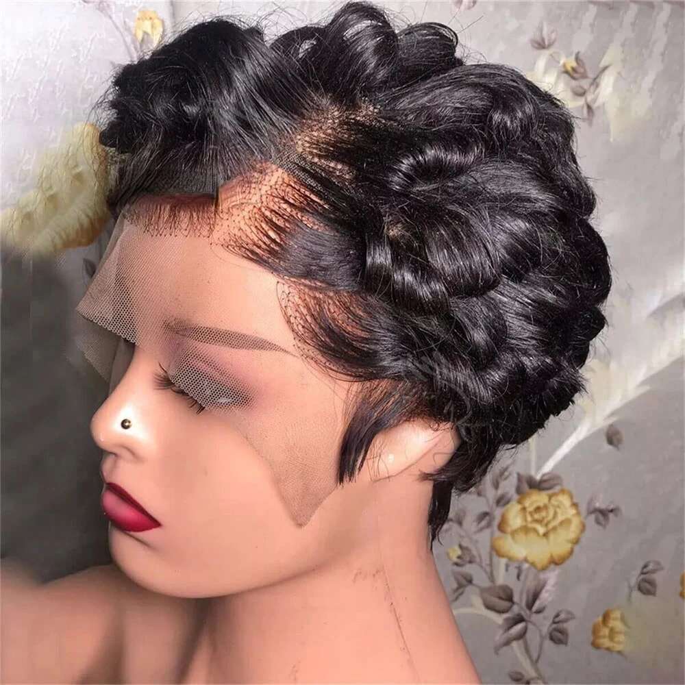 Curly 100% Human Hair 13x4 Lace Frontal Short Bob Wig Pixie Cut Wigs for Black Women