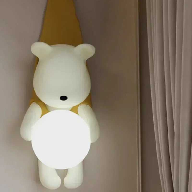 SANDYHA Nordic Resin Wall Lamp for Bedroom Bedside LED Lights Cute Little Bear Design Childrens Room Decor Lighting FixturesXJ250526
