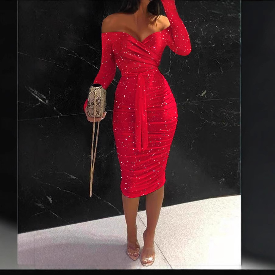 2025 Womens Uniform Elegant Dress with Hip Wrap Off Shoulder Strap Tight Fit