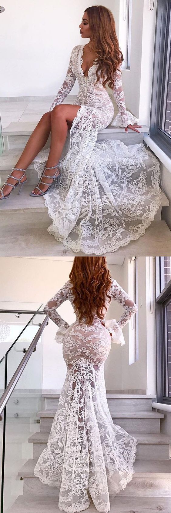 New Perspective Lace Dress Style Sexy Deep V Split Long Sleeve Fishtail Dress