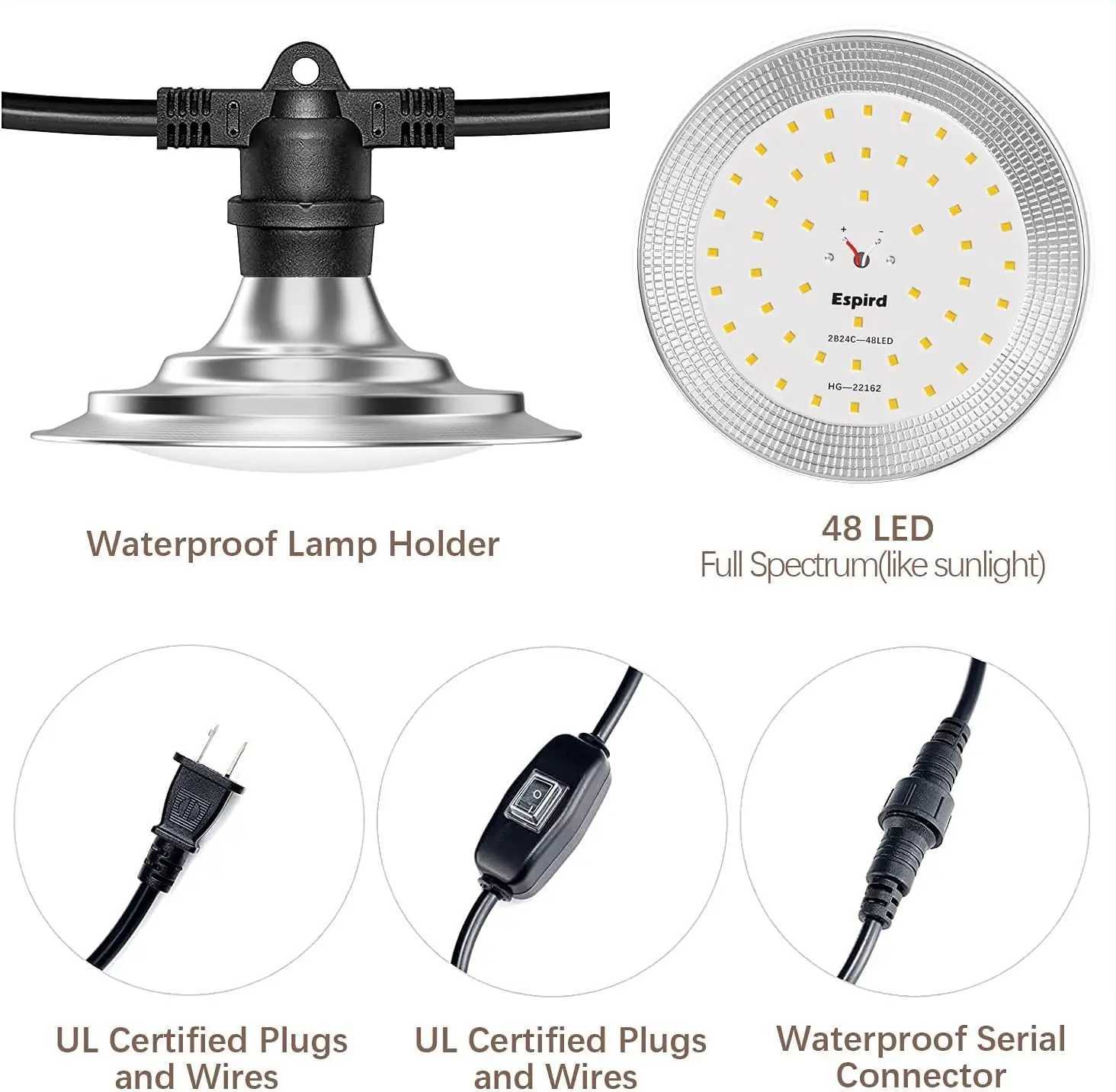 Outdoor LED Grow Lights for Greenhouse 6-Light Waterproof String Grow Light Full Spectrum LED Plant Grow Light LampXJ250526