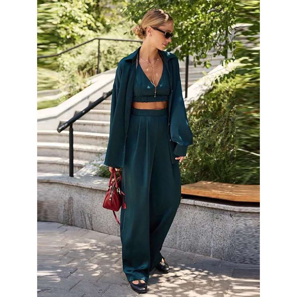 Sexy Bra Shirt Pants Suits Women Satin Lapel Long Sleeve Single Breasted Loose Blouse With Straight Trousers Chic Ladies Outfits