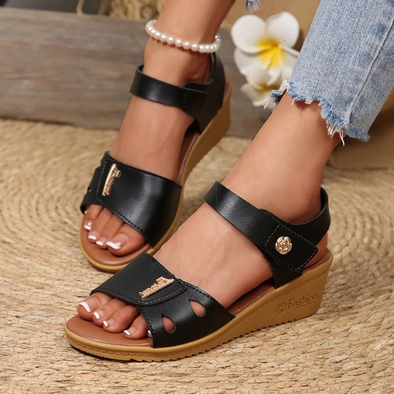 Women Summer Casual Wedge Sandals Comfortable Non Slip Beach Shoes Woman Flower Decor PU Leather Walking 250526
