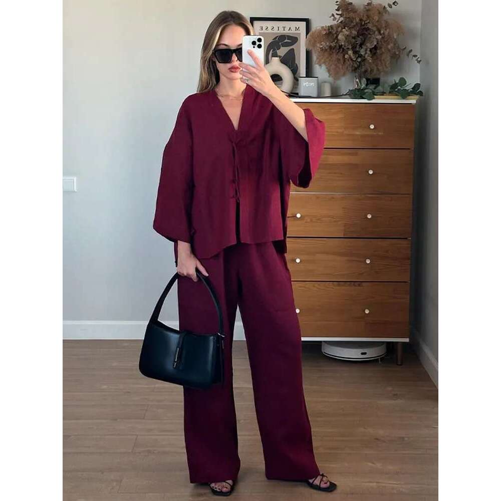 2025 Summer Women's Fashion Outfits Chic Brown Cotton Linen Lace Up Shirt Suits Casual V Neck Long Sleeves Loose Pants Set Lady