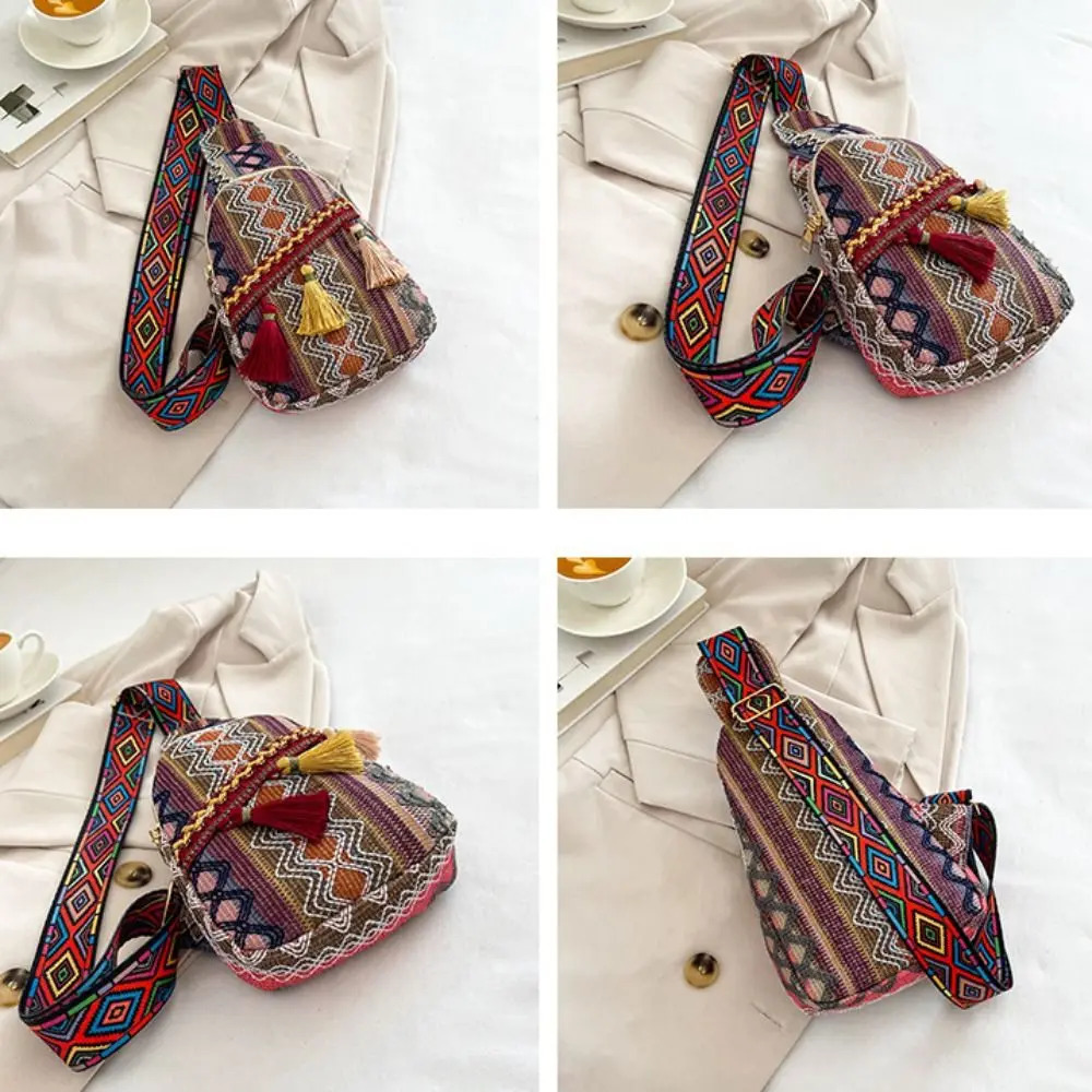 Embroidery Bohemian Shoulder Bag Colorful Korean Style Woven Bag Fringe Chest Bag Handbag Geometric Ethnic Style Crossbody Bag 250526