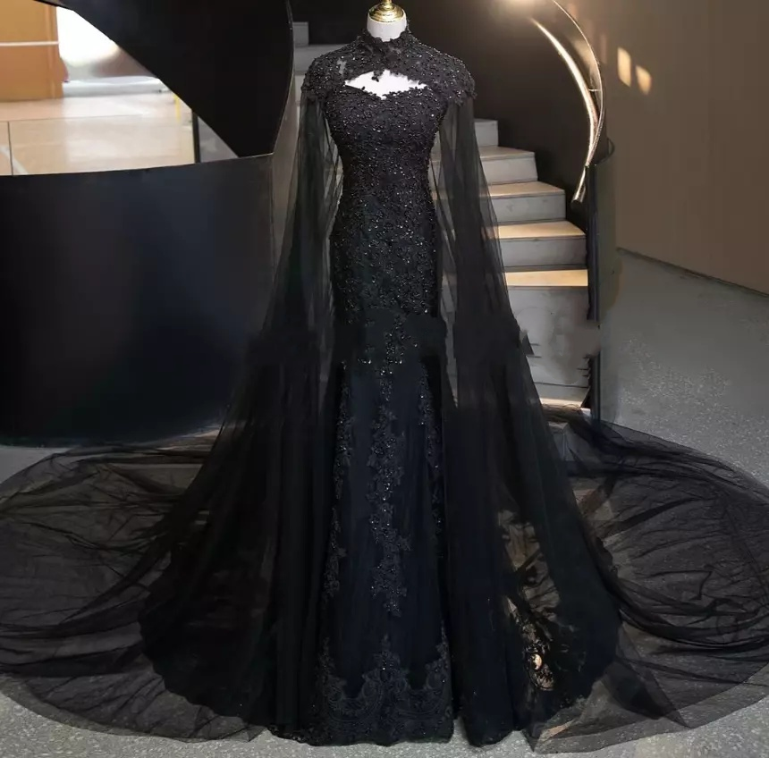 Gothic Black Mermaid Wedding Dresses With Cape Wrap Lace Appliques Sweetheart Long Vintage Bridal Gown Custom Made