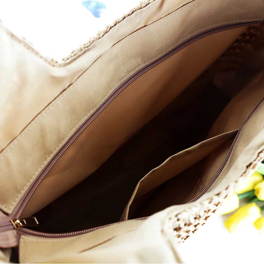 Women Straw Tote Handbag Large Capacity Crochet Beach Handbag Zipper Closure Retro Straw Handbag Ladies Summer Daily Bag W250524