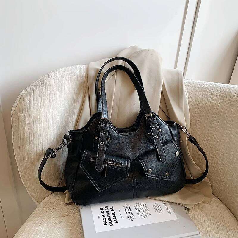 Women PU Fashion Shoulder Large Capacity Vintage Adjustable Strap Slouchy Tote Handbag Multi-pockets Chic Hobo Bag