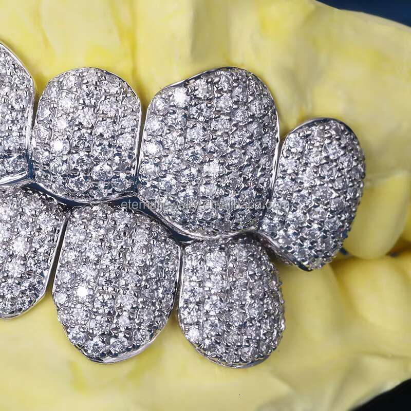Custom Top Bottom 8 S925 Silver VVS Moissanite Diamond Grillz 10K 14K 18K Solid White Gold Iced Out Grillz for Teeth
