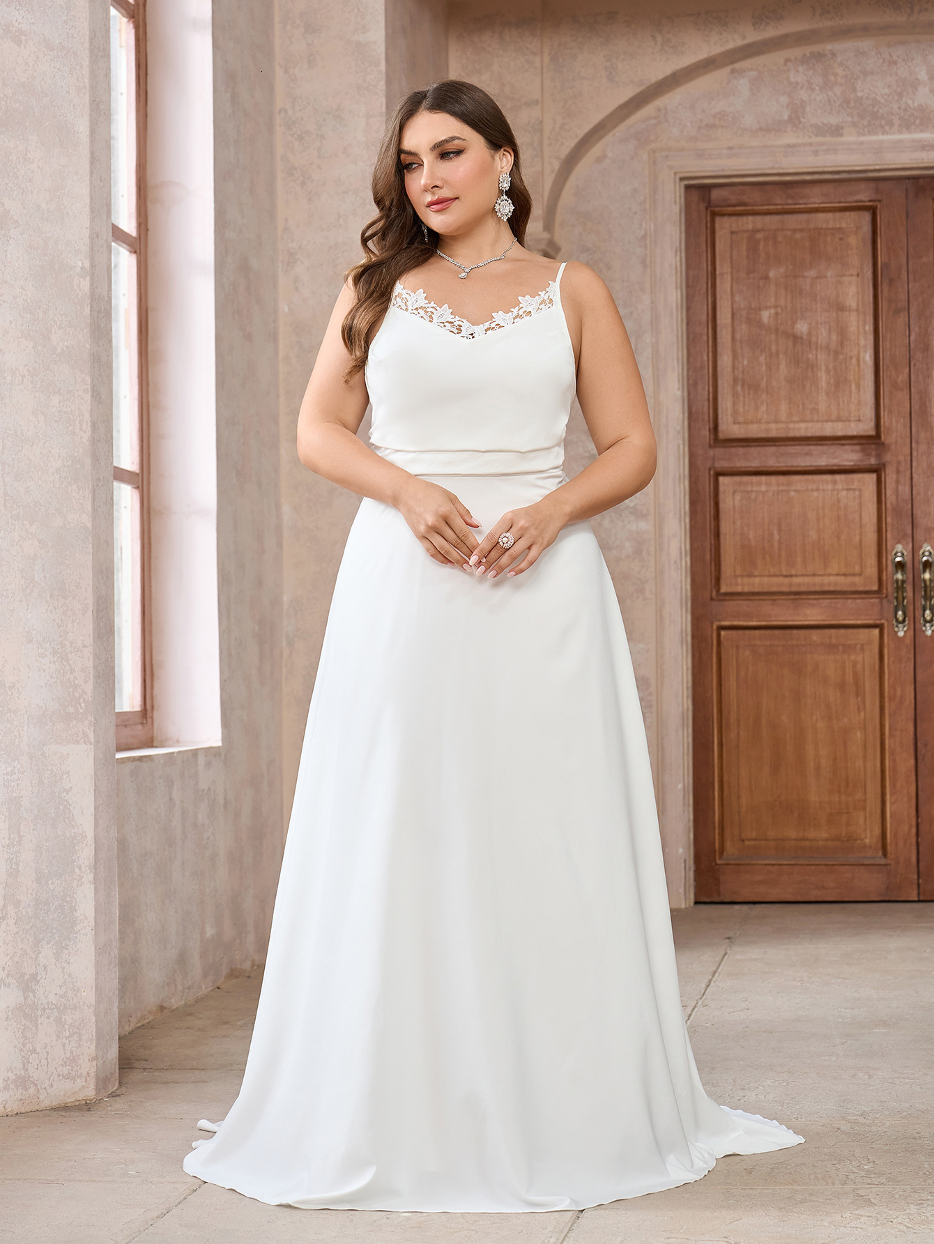 Simple satin lace camisole bow long floor length wedding dress