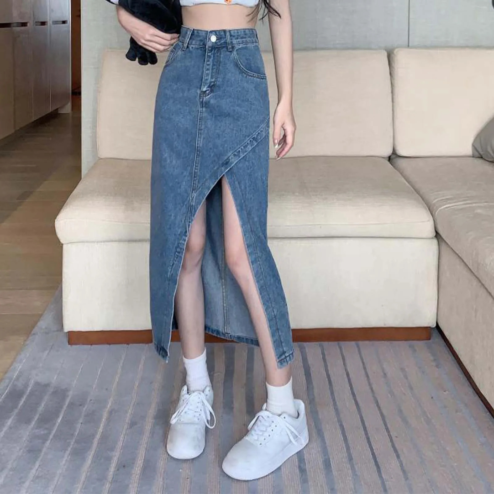 Skirts For Women Elegant High Waisted Denim Skirt Summer Chic Asymmetrical Split Hem Slimming Midi Long Pencil 250516Z