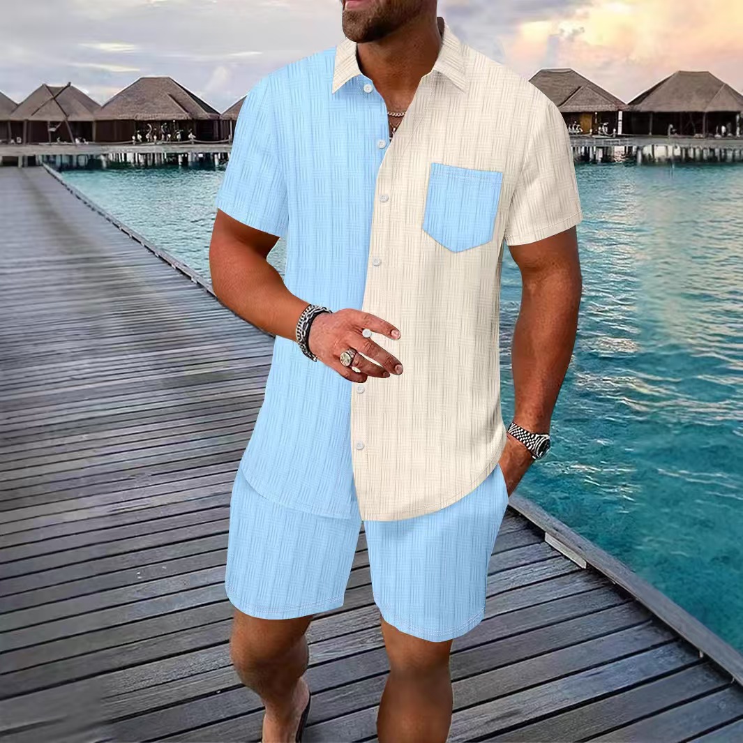 designer tracksuit 2025 new mens two piece Hawaiian jacquard color blocking pocket short sleeve shirt and shorts lapel shirt casual suit