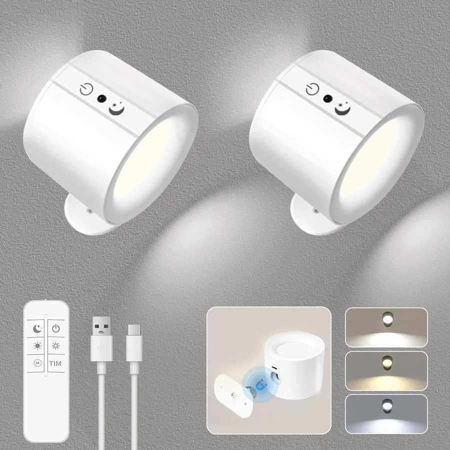 Rechargeable LED Wall Lamp 3 Colors Wall Light Sconces 360 Rotatable Touch Remote Control Bedroom Lamps Living Room DecorationXJ250526