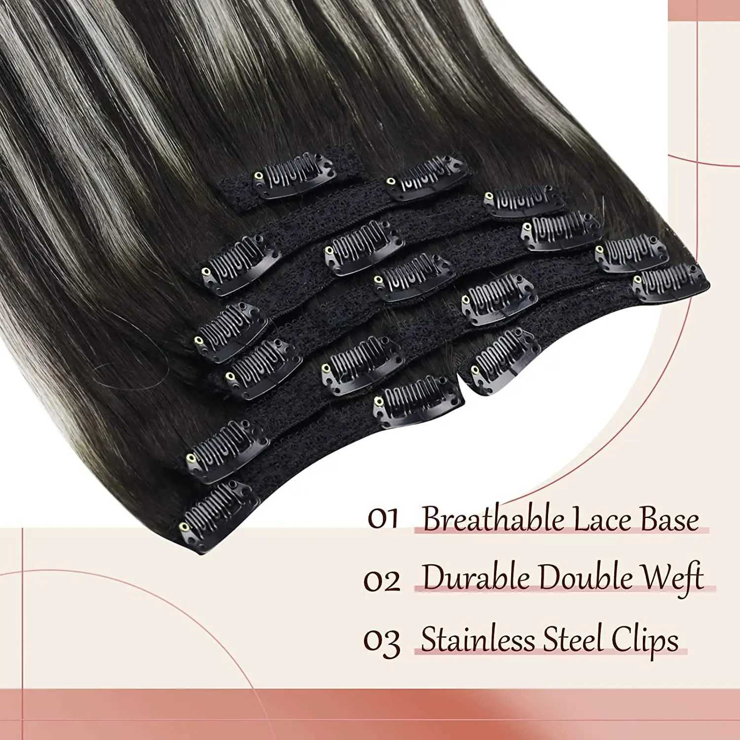 Full Shine Clip In Hair Extensions Black Balayage Silver 18Inch 7Pcs Real Human Hair Natural Hair Double Weft Straight 120G S25526