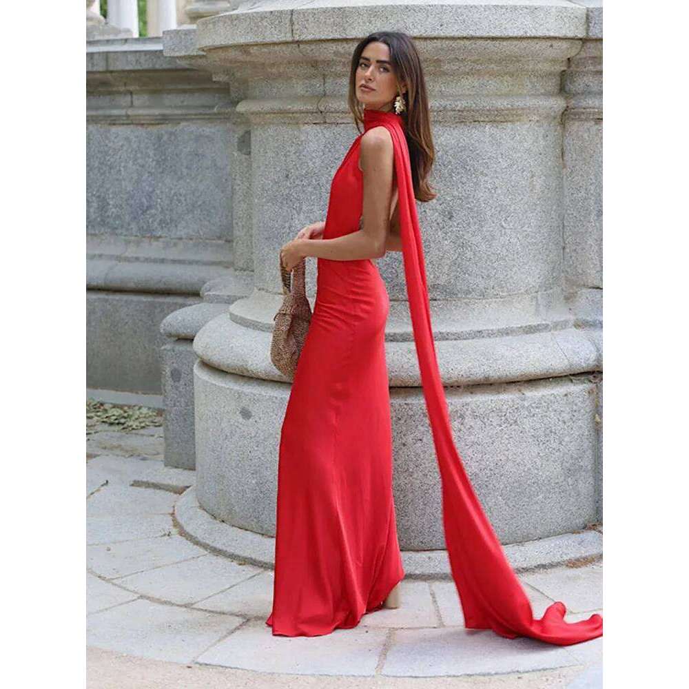 Ribbon Hanging Neck Long Dresses Women Printed Sleeveless Backless Slim High Waist Halter Party Dress 2025 New Hip Package Robe
