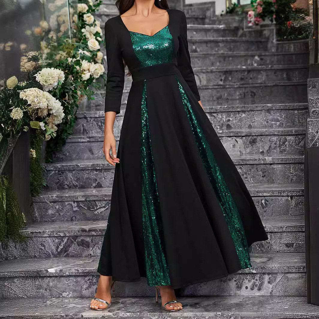 Womens new elegant sequin party cocktail party ball dress medium to long style