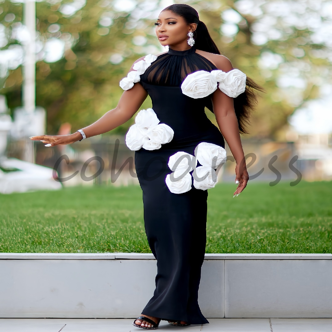 Charming Black Mermaid Prom Dress With Florals Plus Size Black Girls Evening Dress 2025 Halter Bespoke Occasion Formal Party Dress Aso Ebi Vestio De N