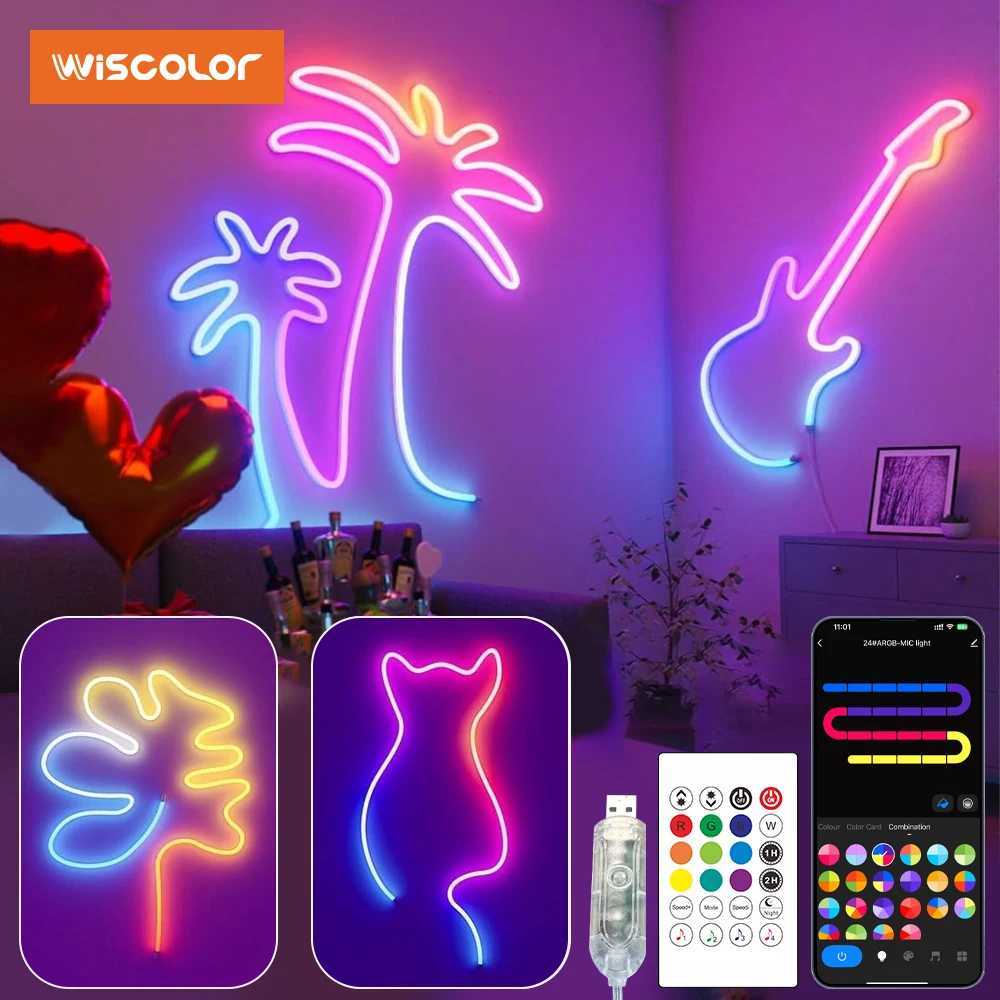 Wiscolor 5V LED Flexible Neon Strip Lamp USB RGBIC 1/2/3/5m Waterproof Music Sync With Remote Control For Room DIY Decor Lamp W250526
