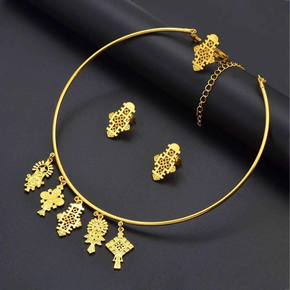 Ethiopian Eritrea Ethnic Jewelry Sets With Cross Chokers Earrings Rings For Women Girls Africa Wedding Party Gifts #340006