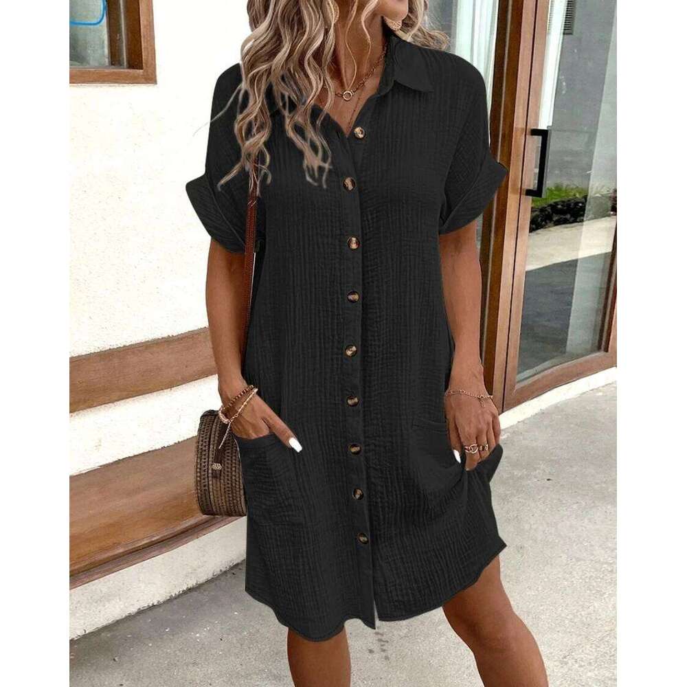 Hot Tight Dresses Vintage Women Solid Mini Summer Fashion V Neck Three Quater Sleeve Cotton Linen Dress Ladies Casual Holiday Vestidos Casual Knee Len
