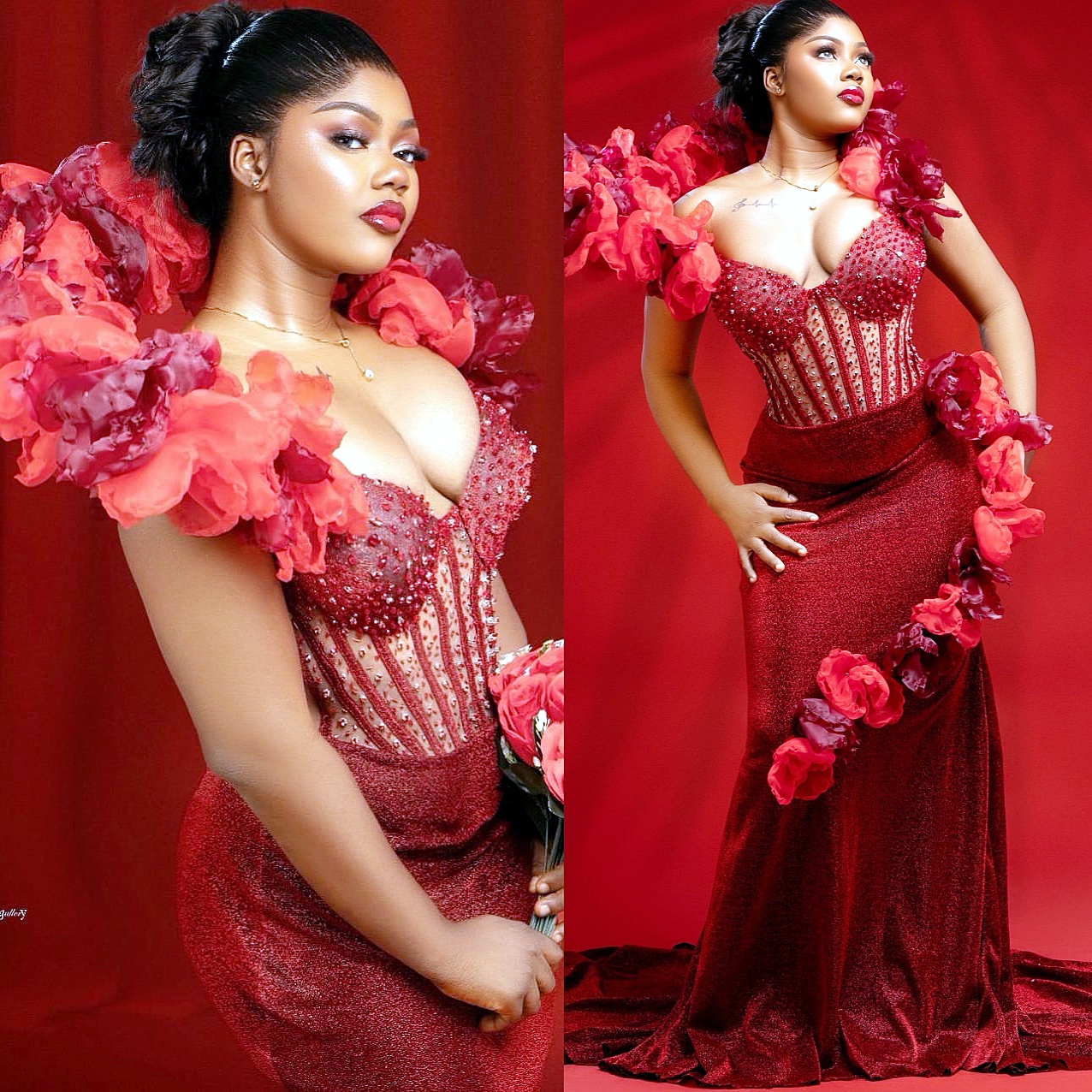 Dark Red Mermaid Prom Dresses 2025 Velvet Beaded Crystals Flowers Evening Formal Party Second Birthday Engagement Gowns Plus Size Dress For Special Oc