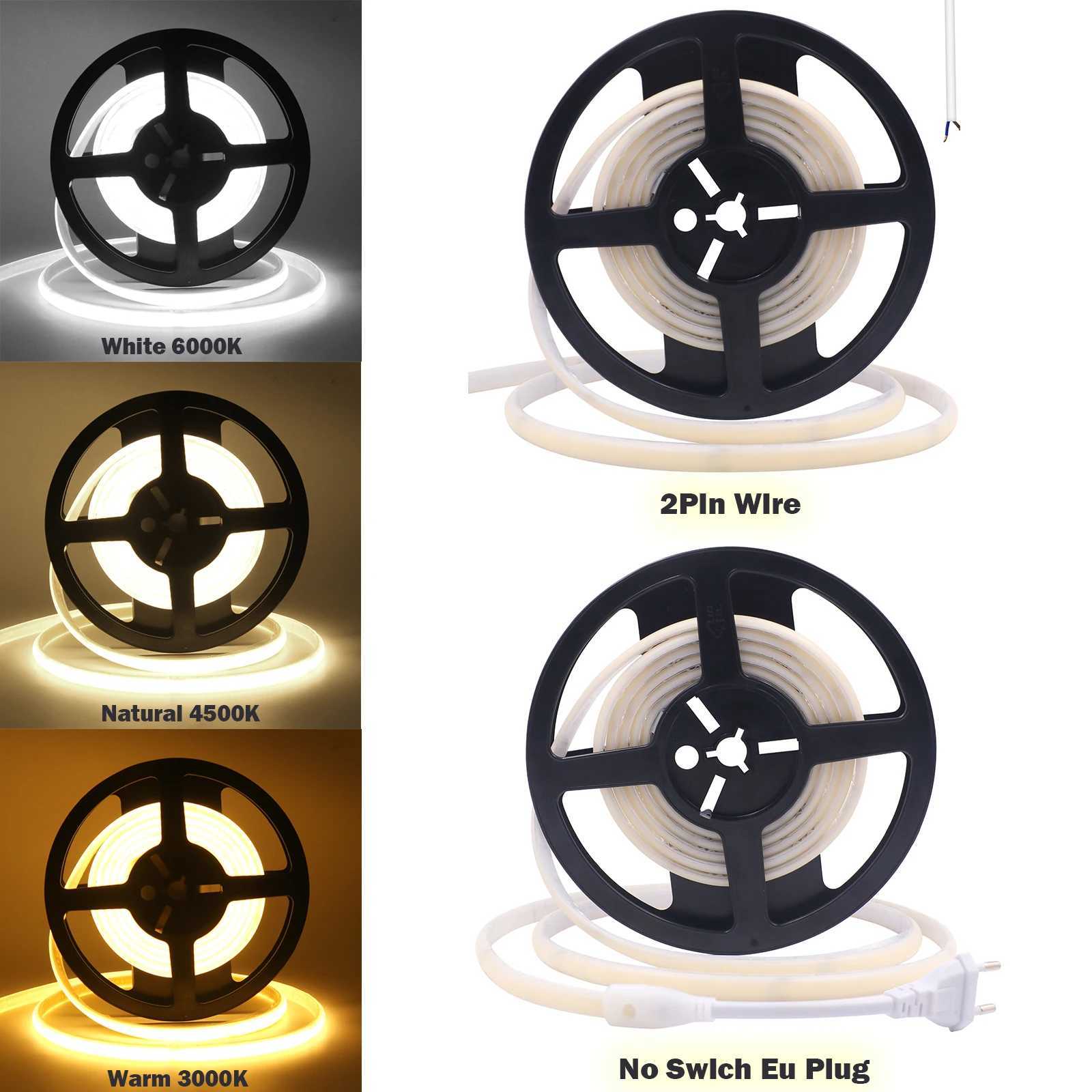 COB LED Strip Super Bright 220V 240V IP65 Waterproof LED Tape Flexible 240 LED/m RA90 Outdoor Linear Lighting Natural/Warm/White W250526