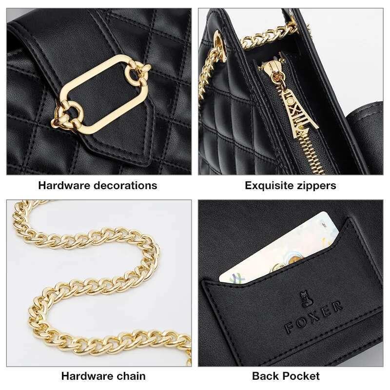 FOXER Women Leather Quilted Shoulder Handbag Lady Black Classic Chain Bag Girl Chrismas Valentine's Day Gift