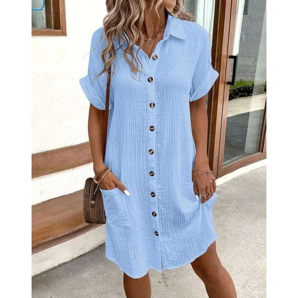 Hot Tight Dresses Vintage Women Solid Mini Summer Fashion V Neck Three Quater Sleeve Cotton Linen Dress Ladies Casual Holiday Vestidos Casual Knee Len