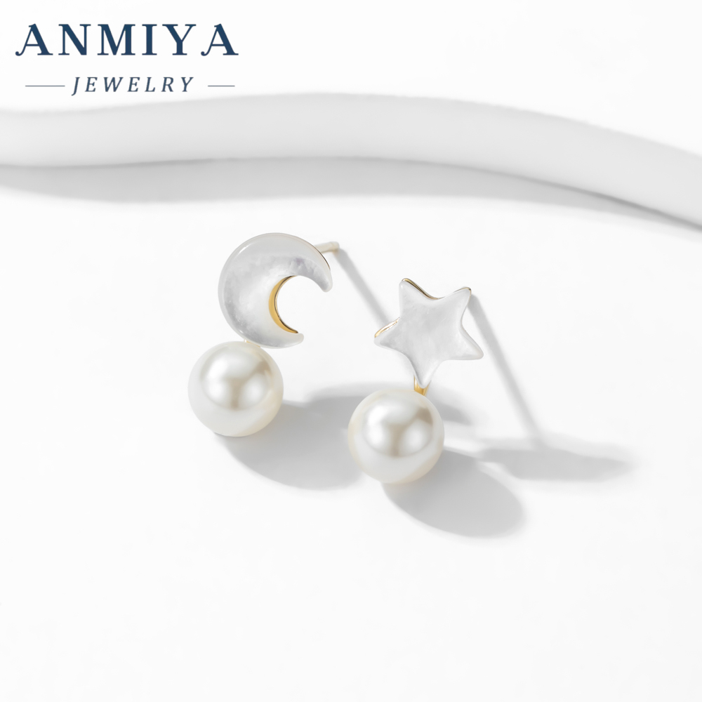 Trendy Baroque 18K Gold Plated Star Moon Freshwater Pearls Stud Earrings for Women 925 Sterling Silver Main Stone