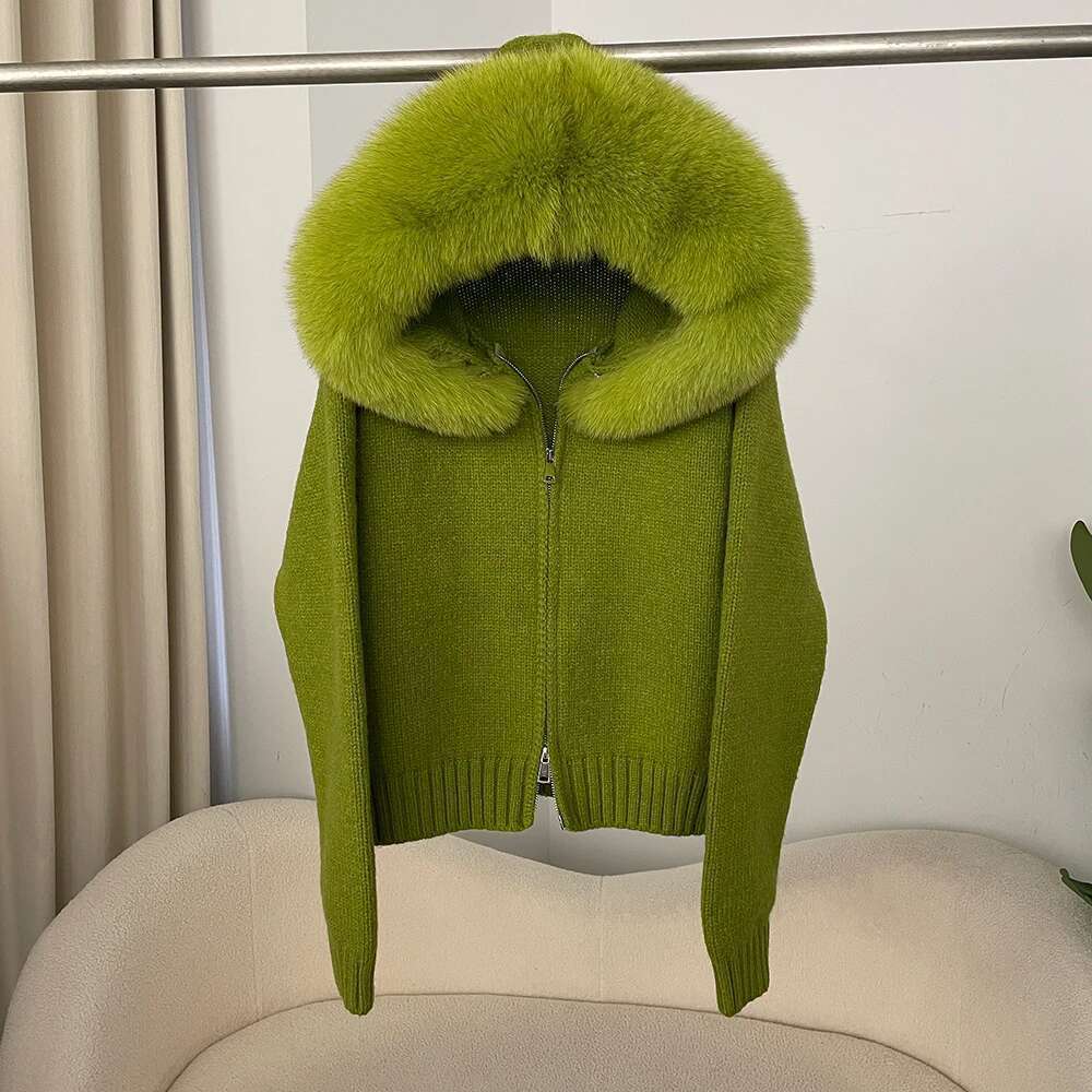 WHOLESALE 2025 New Spring Casual Hooded Fox Collar with Solid Color Sweater Women Real Fur Coat Zipper Warm Tops