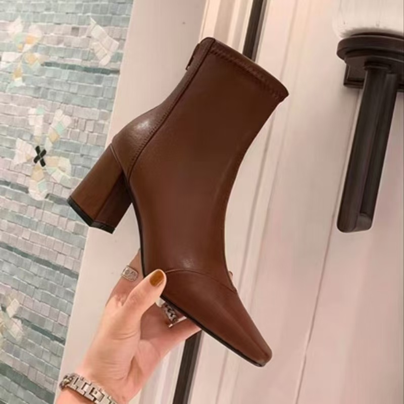 Size 34-39 Women Ankle Real Leather Sexy High Heels Shoes Woman Winter Fashion Chunky Booties Retro Elastic Boots