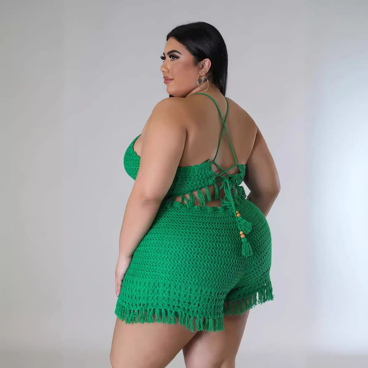 Women's Plus Size XL-XXXXXL size two-piece pants set Sexy stylish backless tie straps Leisure tassel fishnet knitting design Beach sun-protective