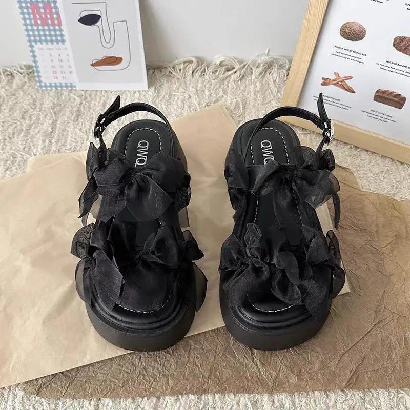 Womens Layered Bow Platform Sandals Thick Cushioned Sole with Adjustable Ankle Buckle for Summer Casual Wear 250526