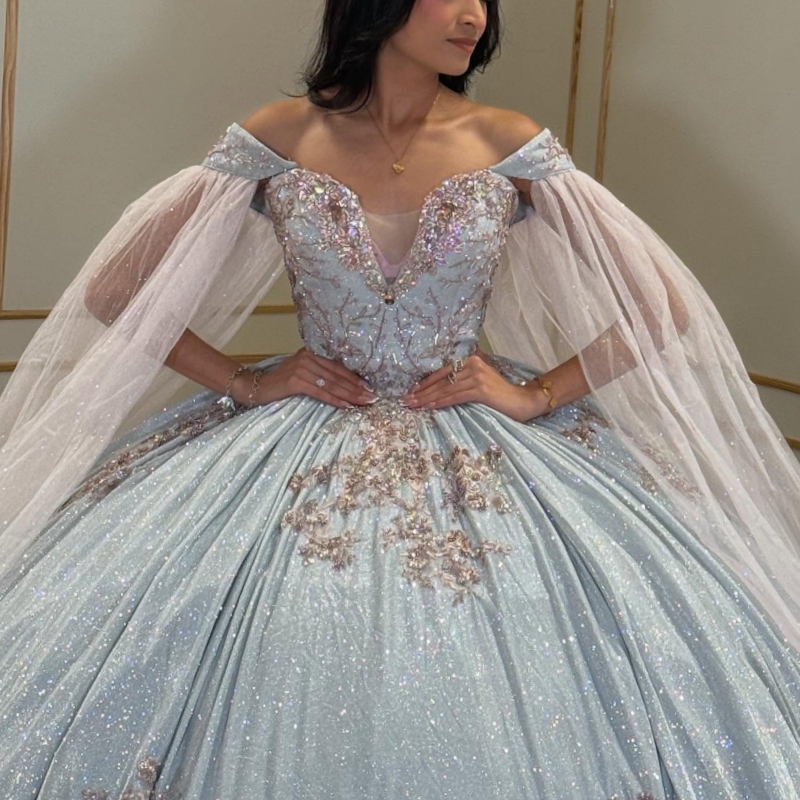 Blue Shiny Quinceanera Dresses Ball Gown Off The Shoulder Applique Lace Beading With Cape Tull Party Birthday Sweet 16 Dress Vestidos 15 Anos