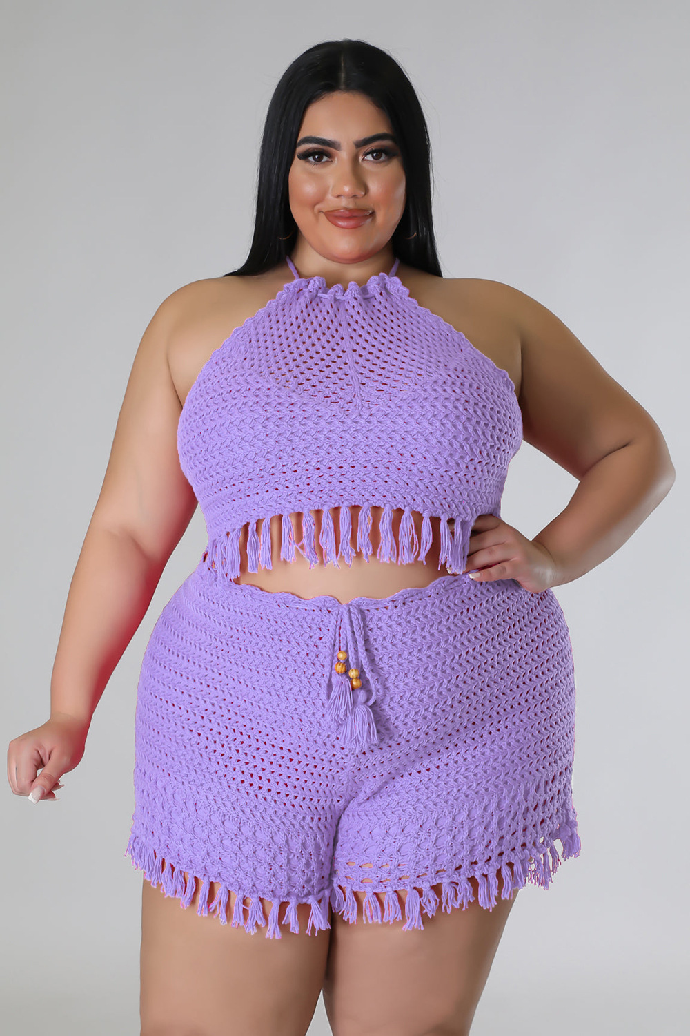 Women's Plus Size XL-XXXXXL size two-piece pants set Sexy stylish backless tie straps Leisure tassel fishnet knitting design Beach sun-protective