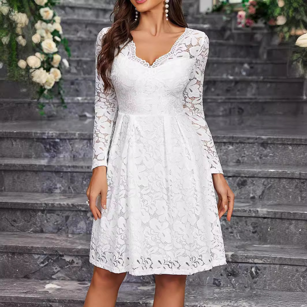 QQH dress V-neck long sleeved back to school lace short skirt party