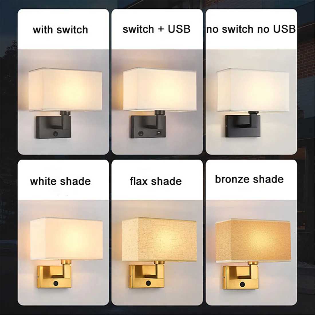 Minimalist Black or Bronze Wall Sconces with Rectangle White Yellow Fabric Shade for Bedroom Hallway USB Wall Lights with SwitchXJ250526