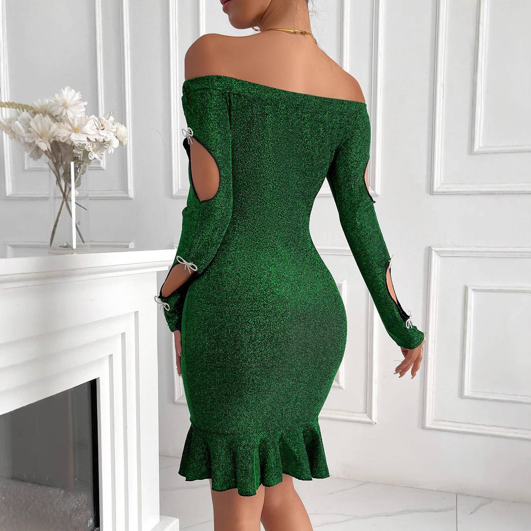 Womens new slim fit hip hugging skirt long sleeved one shoulder sexy dress skirt short skirt dress