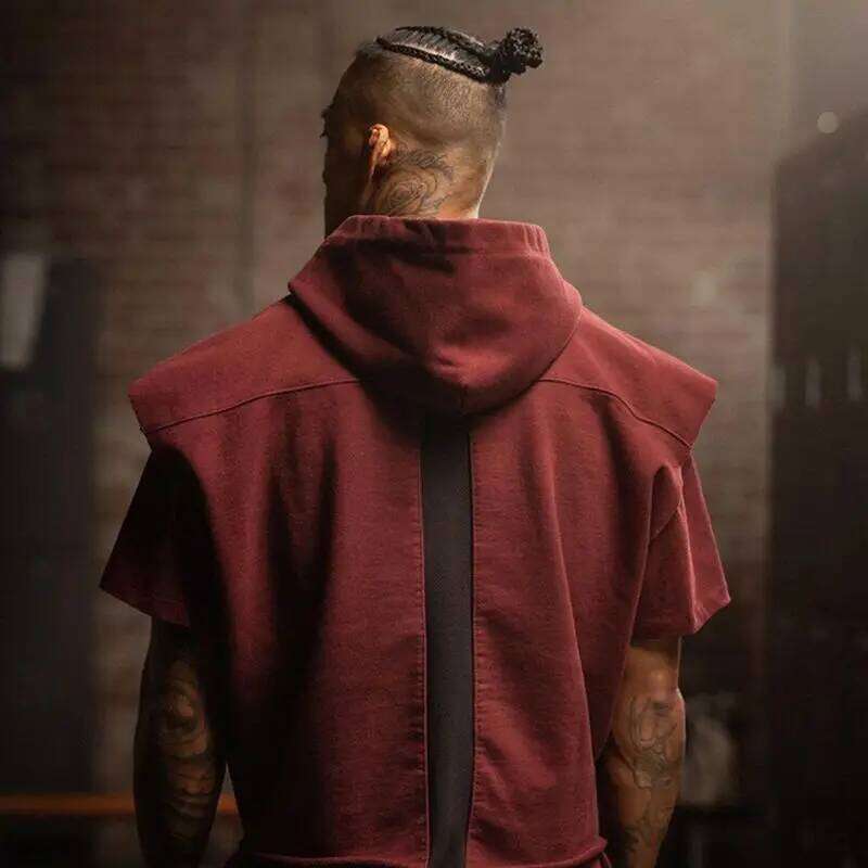 Korean Trend Trendy Loose Spring New Hooded Sleeveless T-Shirt Men's Solid Embroidery Patchwork Pockets Breathable Sports Tops