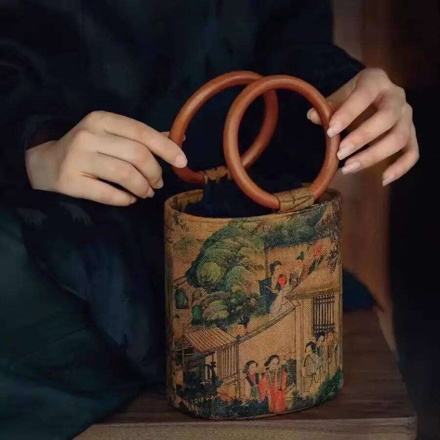 French Fragrant Cloud Gauze Wooden Handle Hand-held Retro Water Bucket Chinese Ancient Style Cheongsam Hanfu Matching Bag