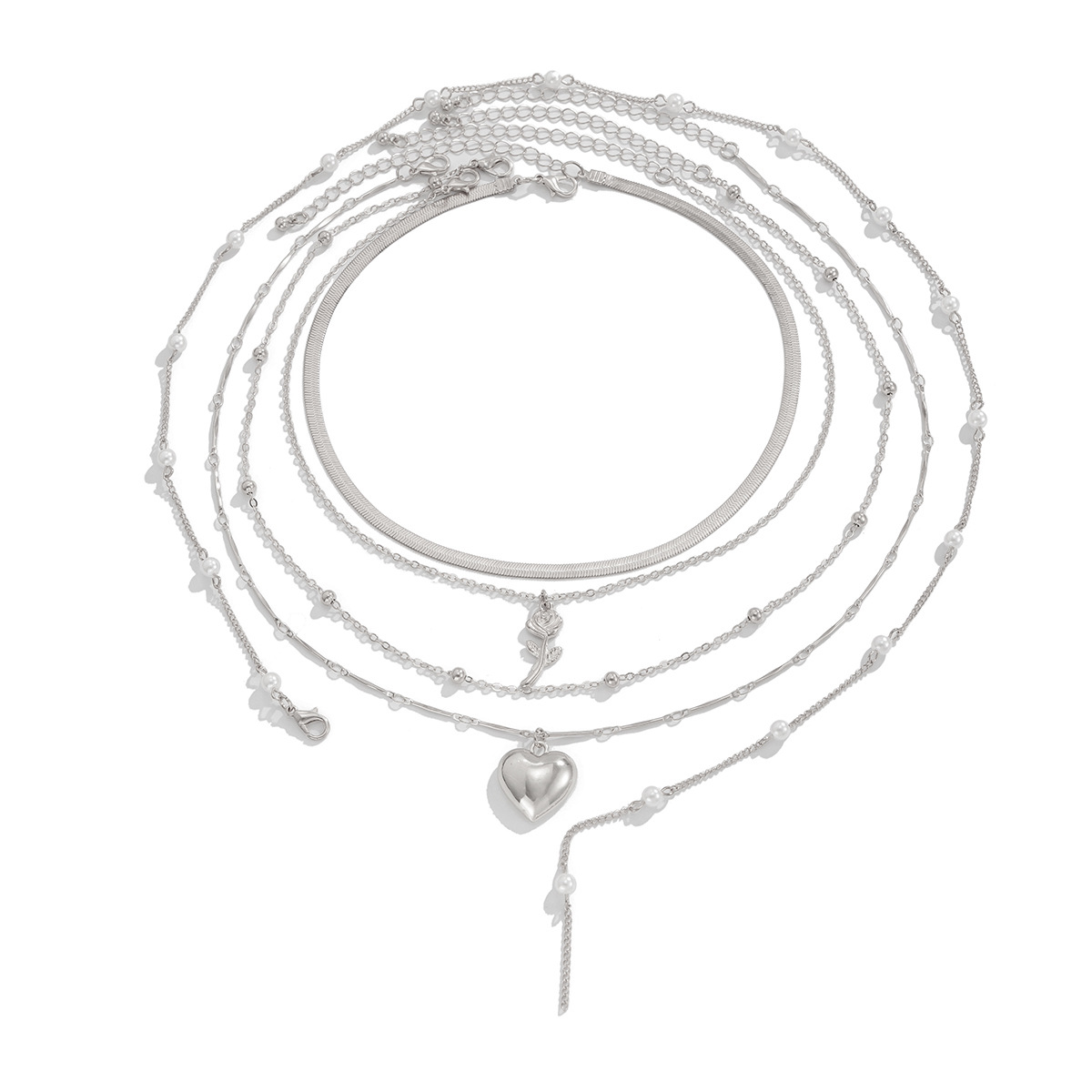 Sweet and cool ins rose heart shaped collarbone with temperament imitating pearl snake bone chain layered necklace