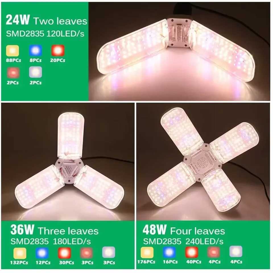 E27 Full Spectrum Grow Light 24W 36W 48W LED Foldable Phyto Lamp SMD 2835 Bulbs Indoor Plants Bloom Flowering Grow Lamp GardenXJ250526