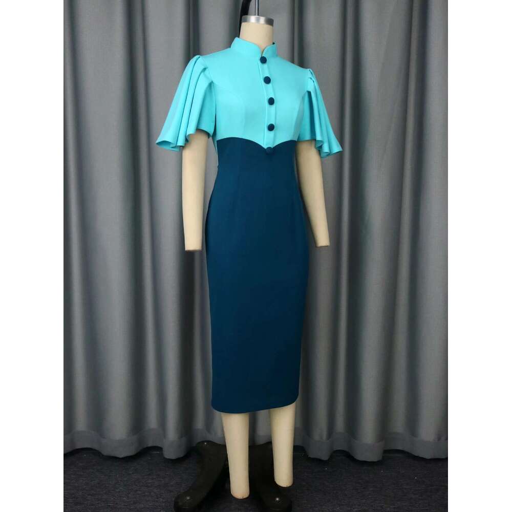 Blue Color Block Sheath Dresses for Women Stand Collar Ruffles Sleeves Button Up High Waist Fashion Party Office Ladies Vestidos